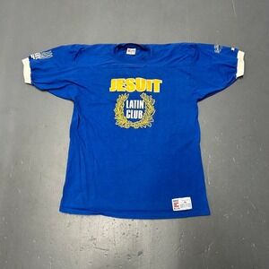 Vintage 90s blue and white "Jesuit Latin club" big print graphic ringer tshirt